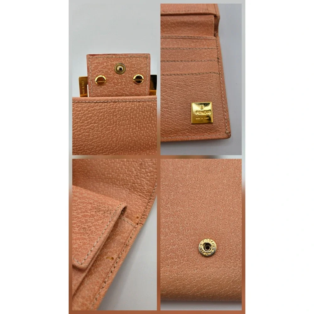 Fendi Peach Leather FF Logo Buckle Trifold Wallet Gold Hardware Compact